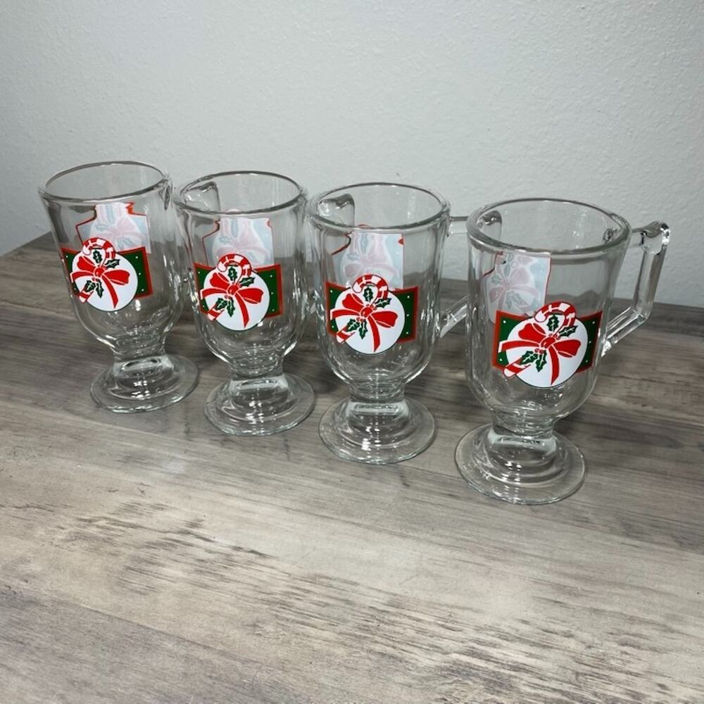 VTG Home Interiors & Gifts Clear Glass Candy Cane Christmas Mugs Set of 4 NIB